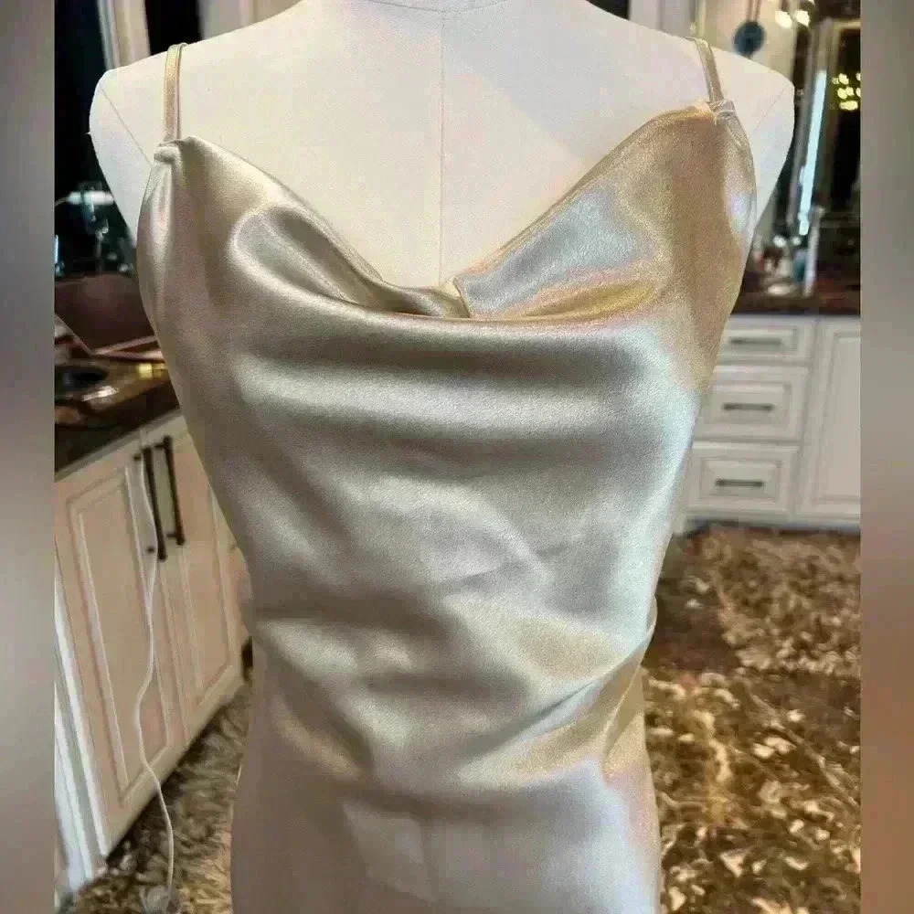 Birdy Grey Champagne Metallic Drape Neck Shiny Satin Dress-Size Small - Picture 2 of 7